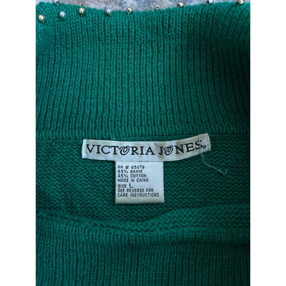 VTG beaded green ugly christmas sweater wide cowl neck ramie cotton L - Picture 4 of 8